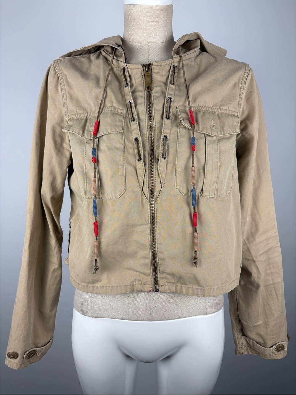 Denim & Supply Ralph Lauren Cropped Utility Jacket Khaki Tan Hooded Boho S